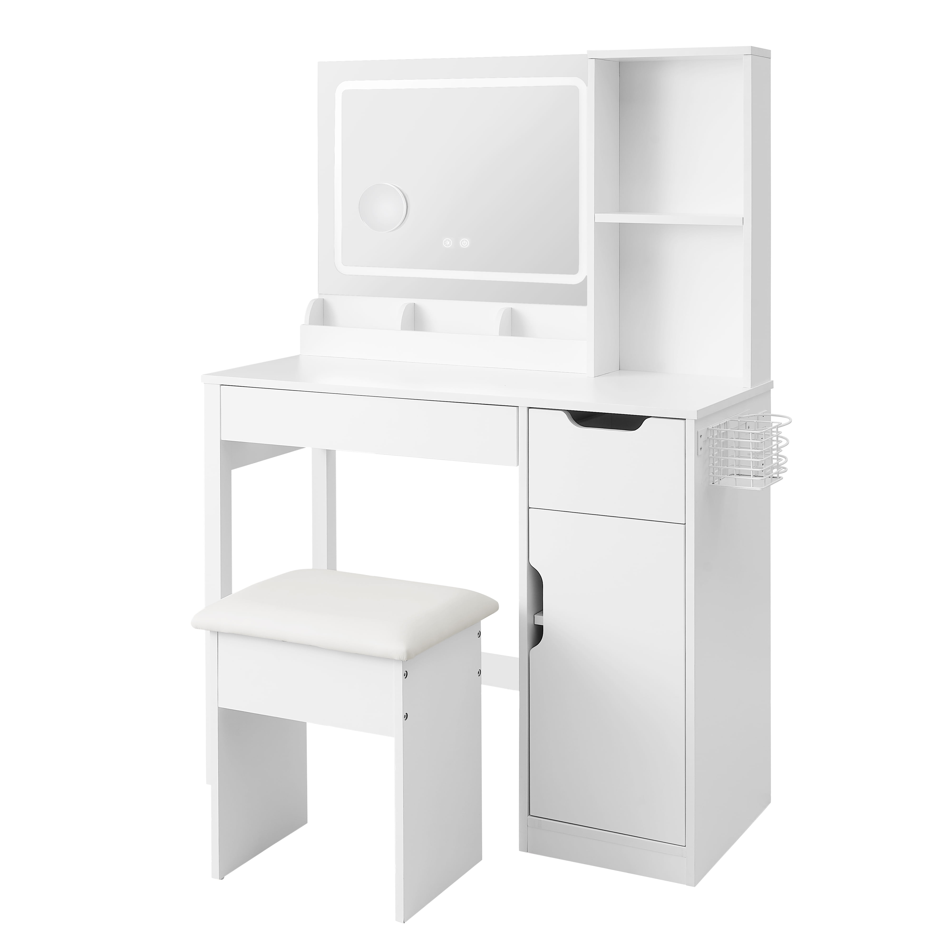 Mainstays Get Ready with Me GRWM Deluxe 2-Piece Right Vanity and Stool with Lighted Mirror and USB Power, White Finish