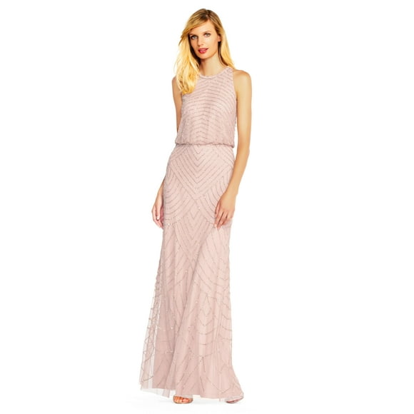 Adrianna Papell Womens Art Deco Beaded Blouson Dress with Halter Neckline, Blush, 10