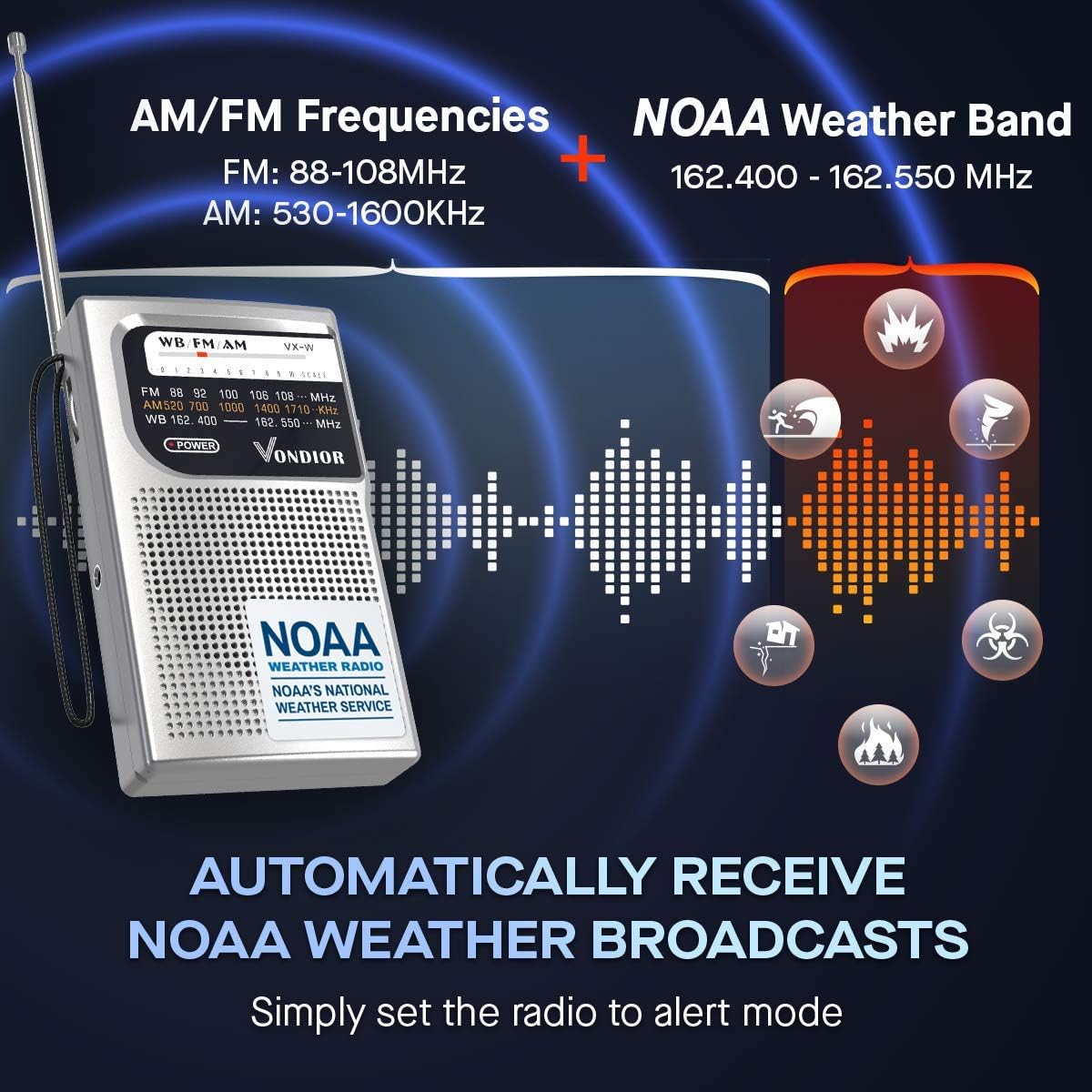 Vondior Portable Emergency Weather Radio NOAA AM FM, Silver photo 4