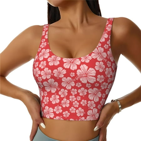 Jgfou Red Hibiscus Flower Print Womens Sports Bra - Padded Workout Sports Bras Crop Tank Top