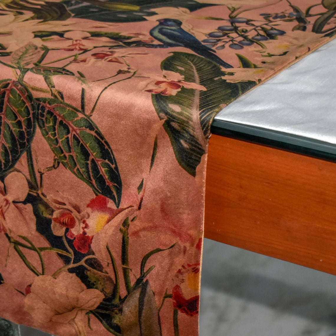 Rust Decorative 8 Seater Table Runner (16 x 108 inch) | Modern Velvet Floral Table Linen | Fall Hosting Pom Poms, Bird Table Runner for Party, Dining Table Décor - Fauna Flow