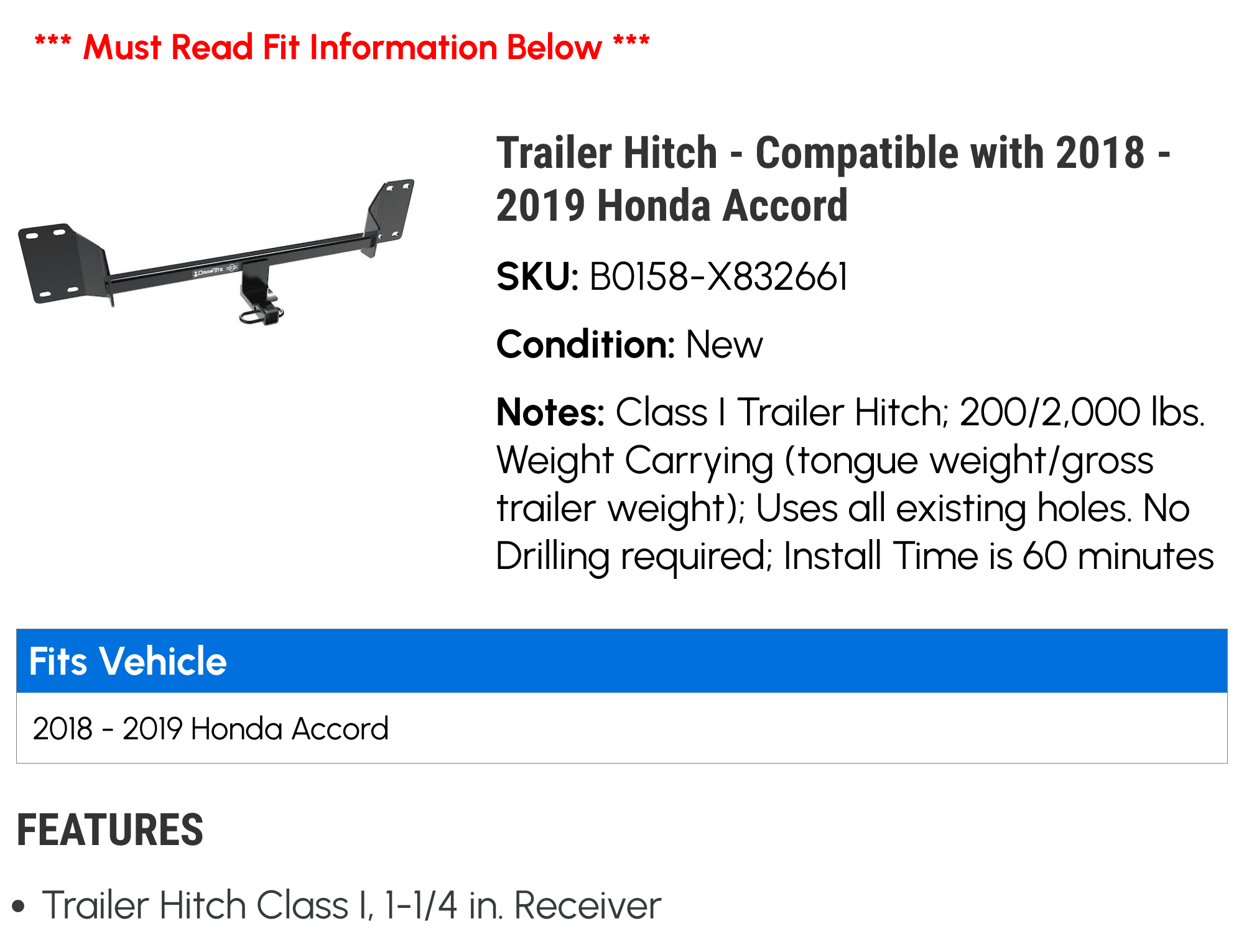 Trailer Hitch Compatible with 2018 2019 Honda Accord