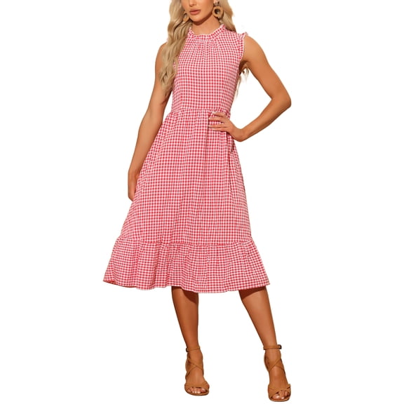 INSPIRE CHIC Check Plaid Dress for Women's Mock Neck Ruffled Sleeveless Dress