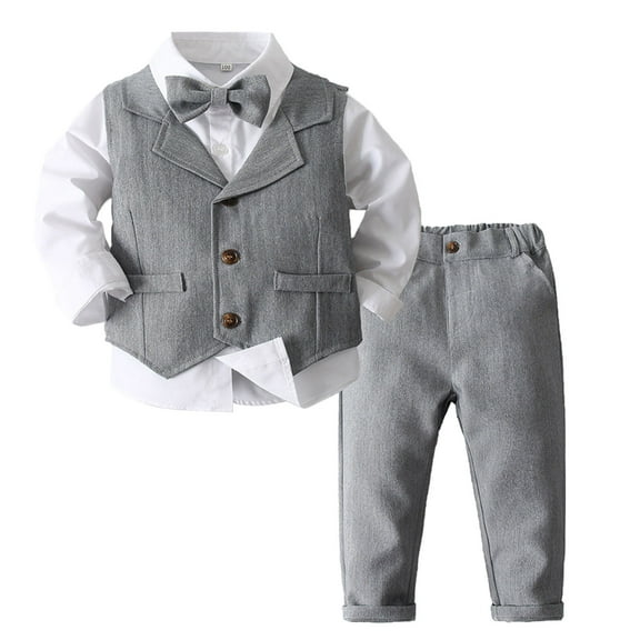 YUUMIN Baby Boys Gentleman Clothes Set Toddler Bow Tie Long Sleeve Dress Shirt Pant Vest Formal Suits Grey 80