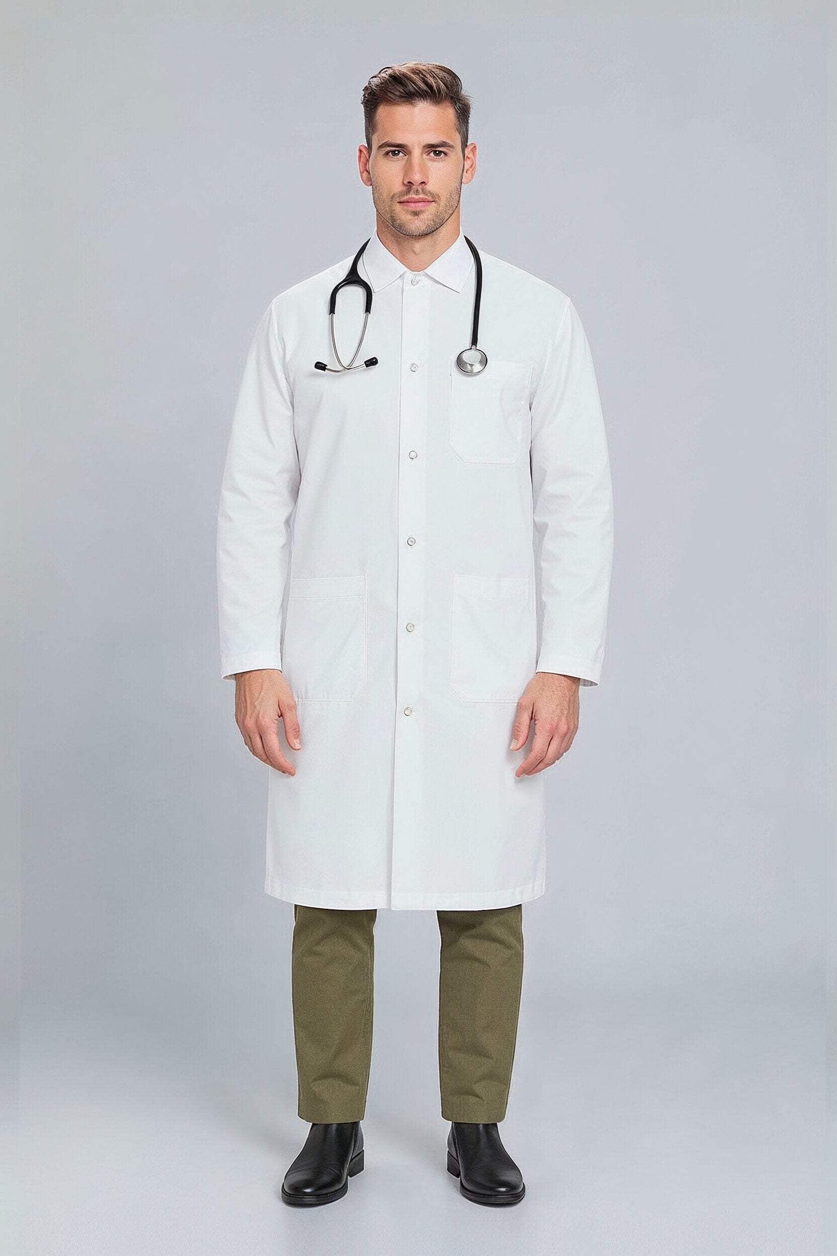 DR Instruments Snap Closure Knee Length Lab Coat, 100% Cotton