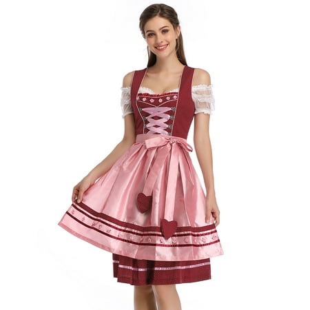 Women Traditional 3-Piece Polka Dot Print Dirndl Dress German Bavarian Oktoberfest