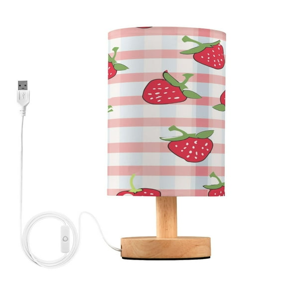 Strawberry on Checkered Bedside Table Lamp Desk Warm Lights with USB Charging Port Cylinder LED Lamps for Bedroom Living Room Office