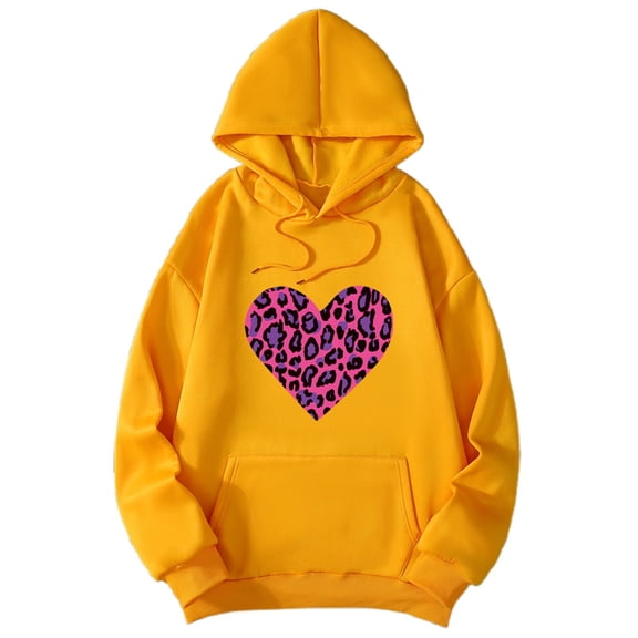 Wang6 White Oversized Graphic Hoodies for Womens Loose Fit Heart Printed Pullovers Sweatshirts Girls Trendy Fall Long Sleeve V Neck Tops with Pocket Yellow XL
