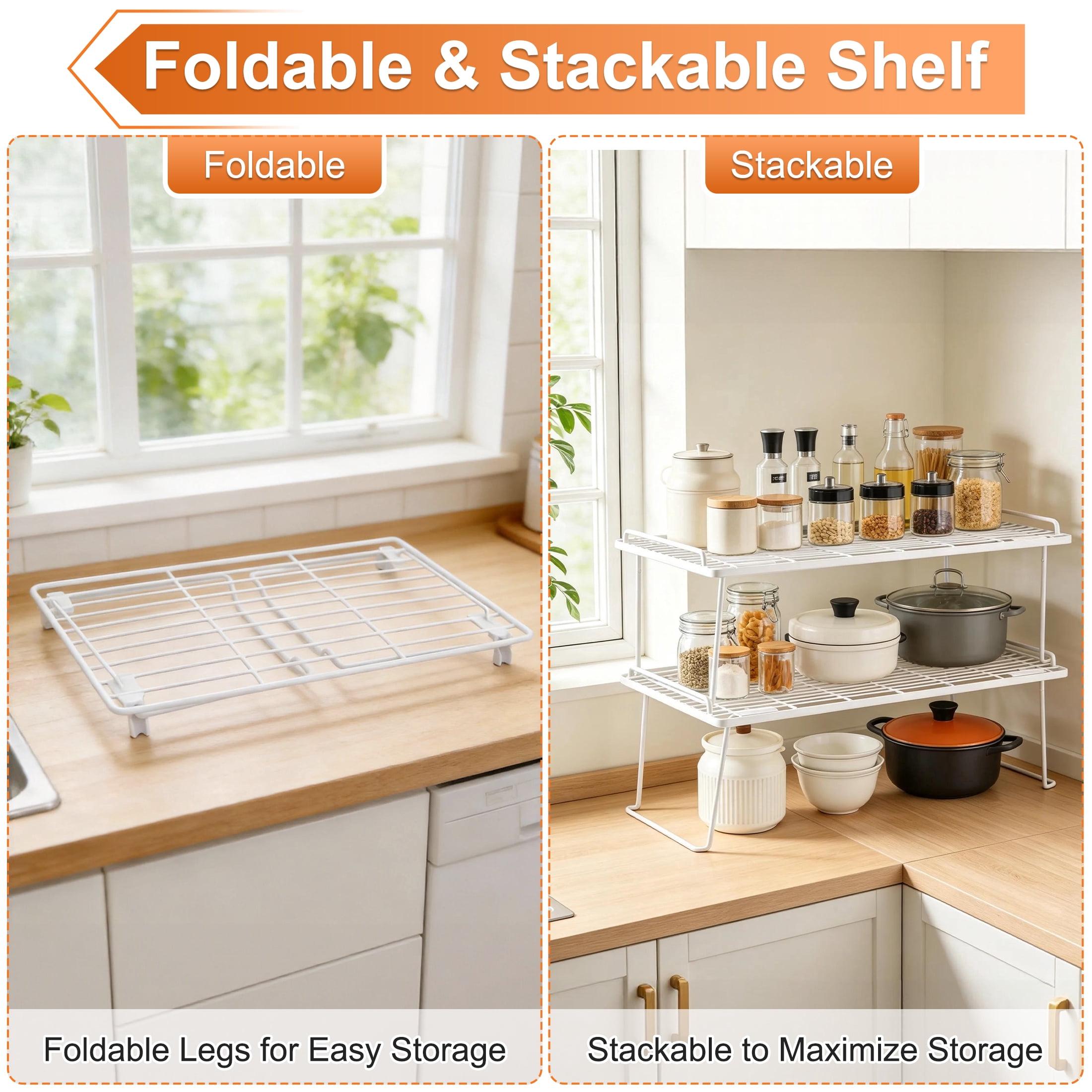 CISILOV Foldable Metal Wire Cabinet Organizer Shelf, Stackable Counter Storage Rack, No‑Assembly Rust‑Proof Storage Shelves for Kitchen Cupboard, Pantry, Bathroom, Desk