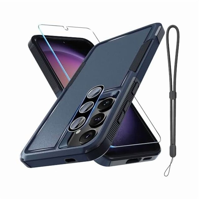 Chenchen Case for Samsung Galaxy S25, Full Body Heavy Duty Rugged Shockproof Protective Phone Cover with Lanyard Strap, Tempered Glass Screen Protector and Camera Lens Cover, Navy Blue