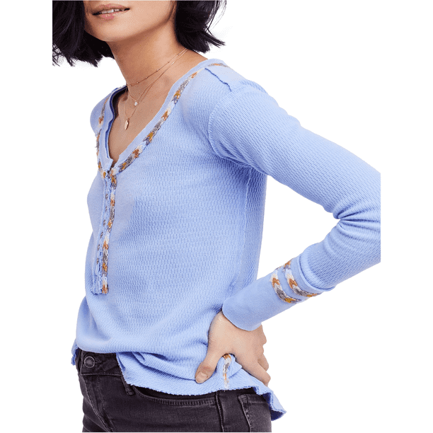 Free People Camiseta Henley térmica bordada para mujer, azul, mediano Free People henley