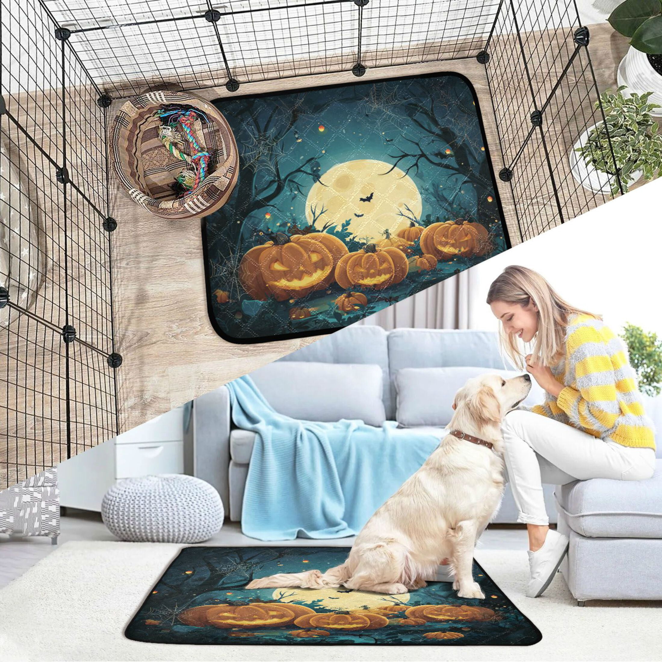 Qxltty Cartoon Halloween Pumpkins Cat litter Pads Pet Set of 2 Diaper Mats Center Anti-leakage Layer Absorbent Soft and Comfortable
