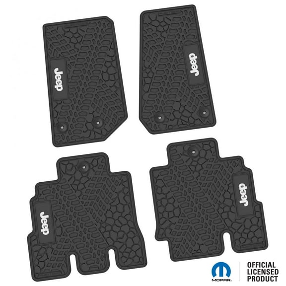 Flextread Floor Mats for 14-18 Jeep Wrangler JKU 4-Door - Mopar Licensed Factory Fit - Black w/ White Jeep Insert - 100% Made in USA