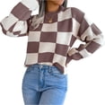 thumbnail image 2 of Women's Casual Fashion Contrast Plaid Long Sleeve Pullover Knitted Sweater for Fall and Winter, Stylish and Comfortable, Perfect for Seasonal Wear,Coffee,Size S, 2 of 9