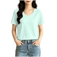 thumbnail image 3 of Fengqque Womens Short Sleeve Tops V Neck Summer T Shirt Casual Basic Tees Solid Color Trendy Tops Green L(L), 3 of 6