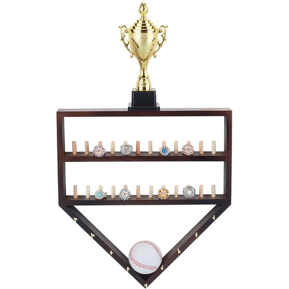 Baseball Ring Display Case Championship Ring Display Stand Personalized Wooden Softball Ring Holder with 28 Removable Pegs Wall Mount Wood Organizer for Medals Rings Trophies Autograph Balls White