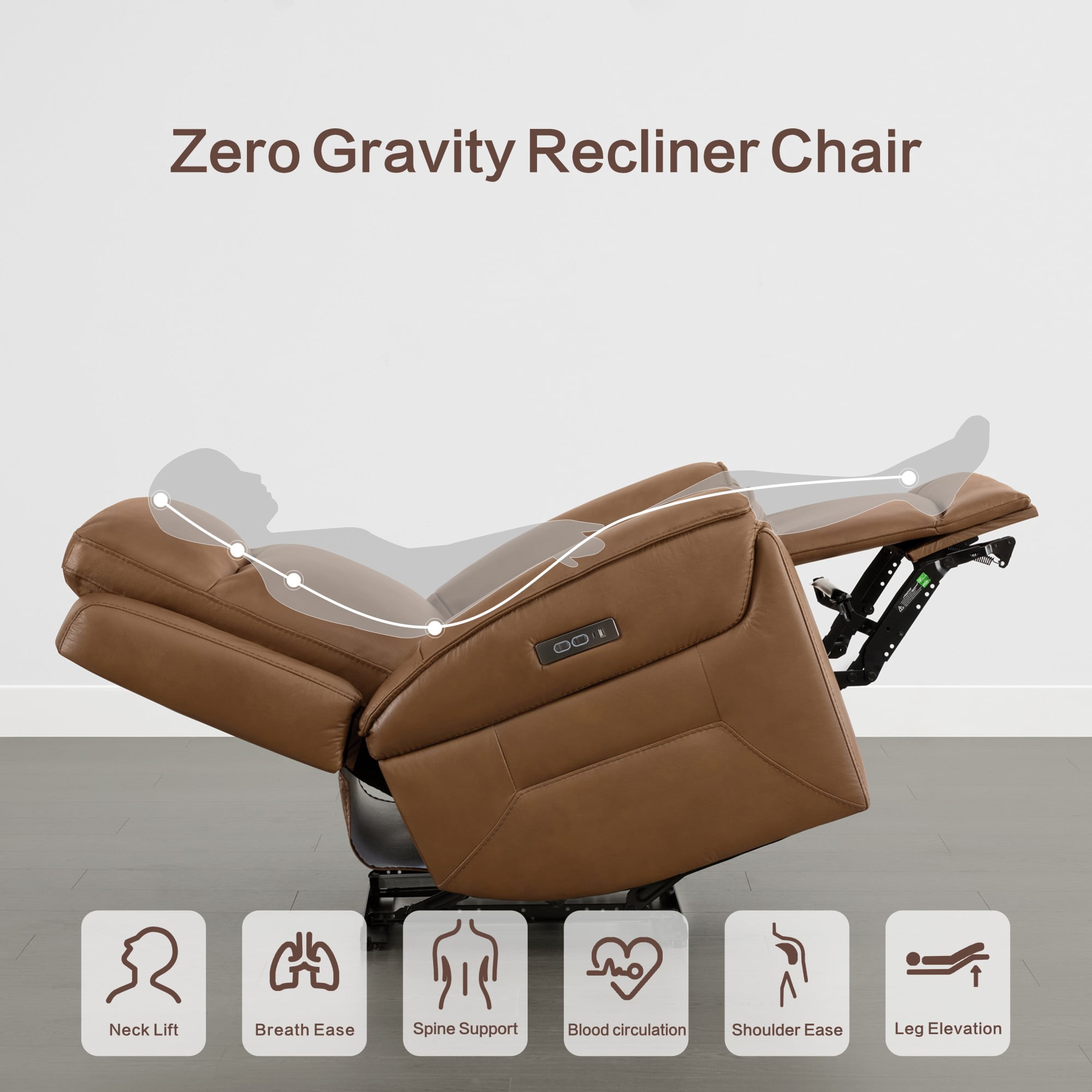ReNest Dual Motor Power Recliner with Super Zero-Gravity Mode, Top-Grain Leather, USB and Type-C Charging,Saddle