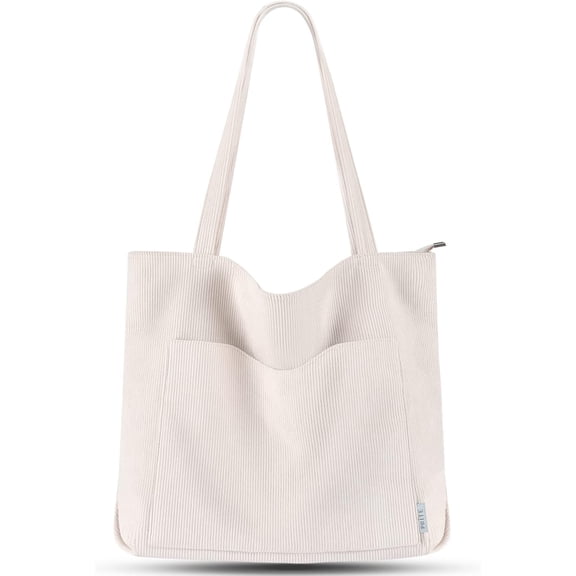 Prite Corduroy Tote Bag for Women Large Shoulder Bag with Zipper and Pockets for College Work Travel Shopping