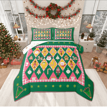 Manfei Kawaii Santa Claus Bedding Comforter Set for Kids, Green Checkered Plaid Twin Comforter Sets, Merry Christmas Reversible Bedding Set, Ultra Soft Home Decor, 2-Piece