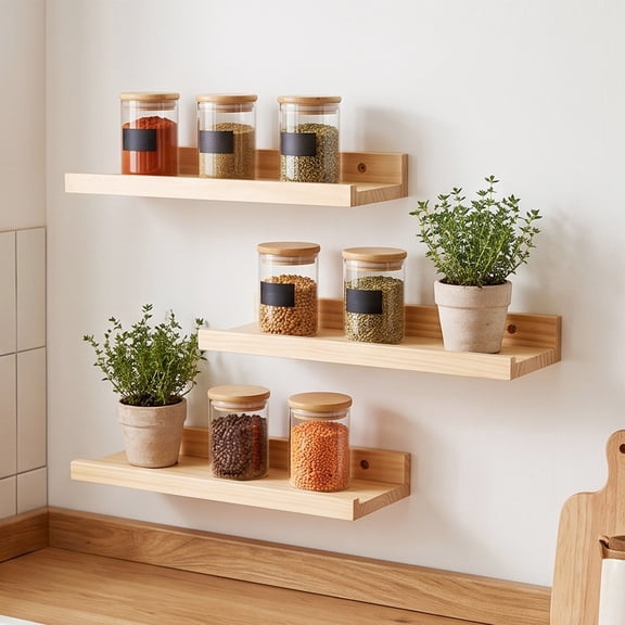 Hovilon Solid Wood Wall Shelf Floating Shelf Wall - Mounted Storage Rack with No Nail Glue Load Bearing Decorative Shelves for Living Room Bedroom Bathroom Kitchen Home Organization Display Holder
