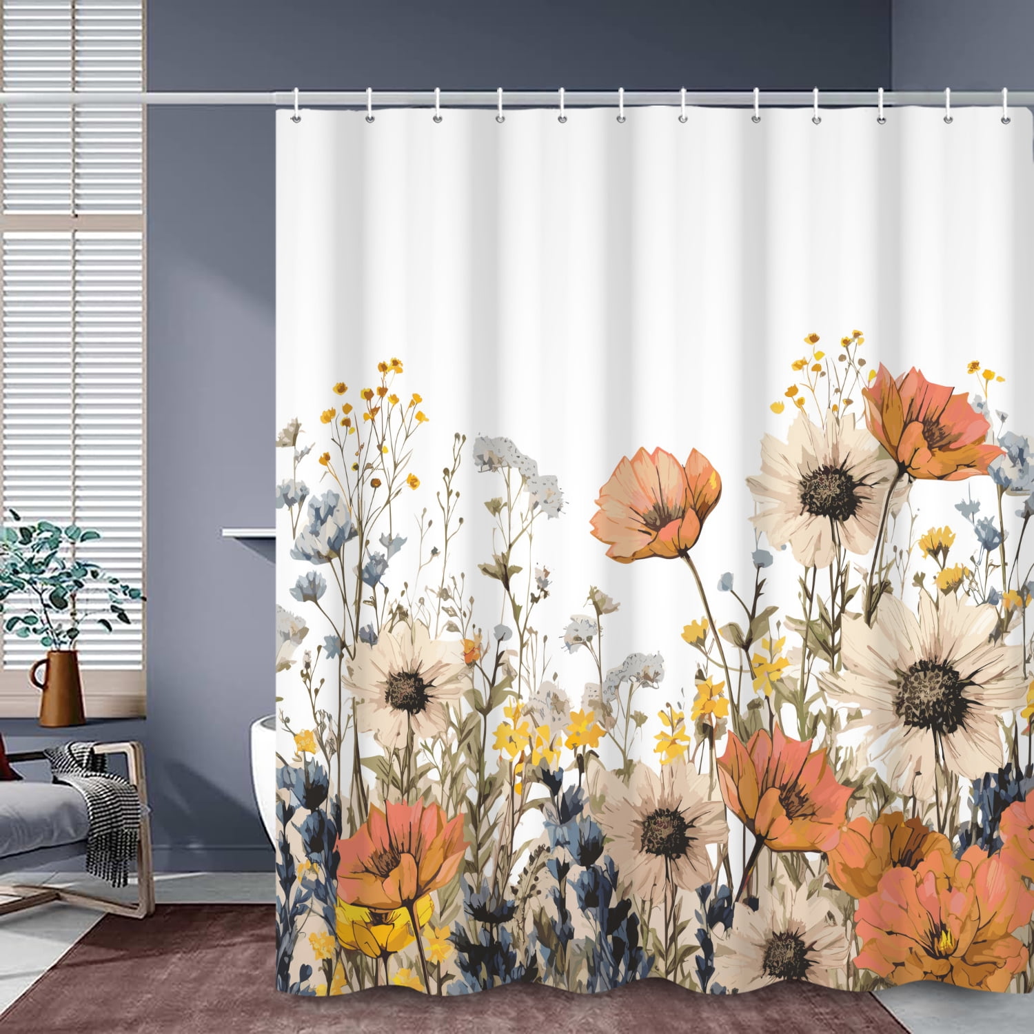 SUNOLIFE Spring Floral Shower Curtain,Orange Flowers Waterproof Polyster Bathroom Curtain,72x72 in