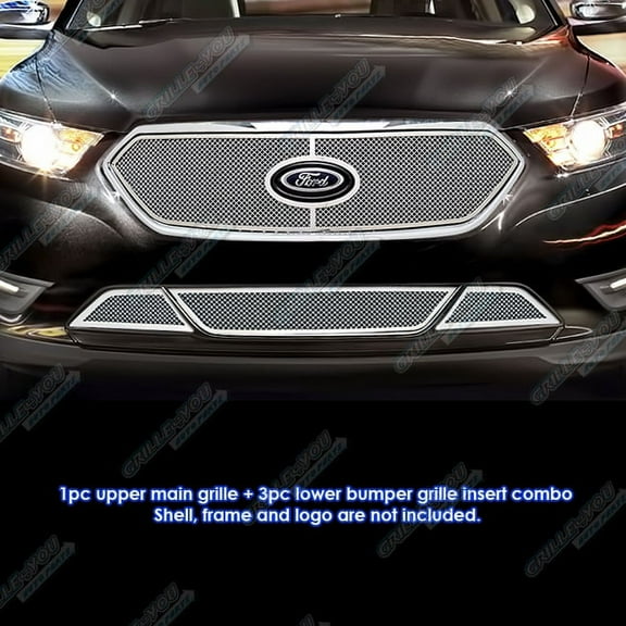APS Compatible with Ford Taurus 2013-2019 SHO with Honeycomb Bumper Logo Show Stainless Steel Chrome Mesh Grille Insert Combo F71239T