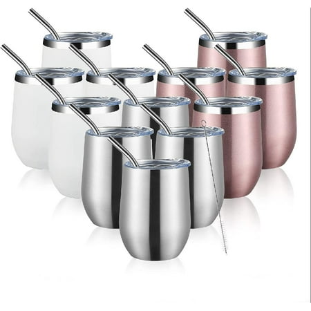 

12oz/12 PACK Wine Tumbler Stainless Steel Glasses with Lid and Straw Double Wall Vacuum Insulated Wine Tumbler Travel Cup Set for Wine Coffee Champagne（White&Silver&Rose Gold 12 Pack)