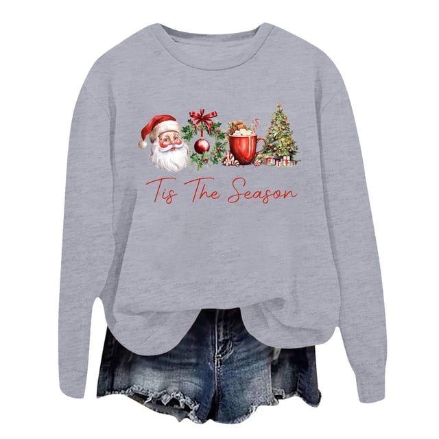 WEAIXIMIUNG Sweat-Shirt Blanc pour Femmes Mode Hiver Imprimé Festif de Noël Col Rond