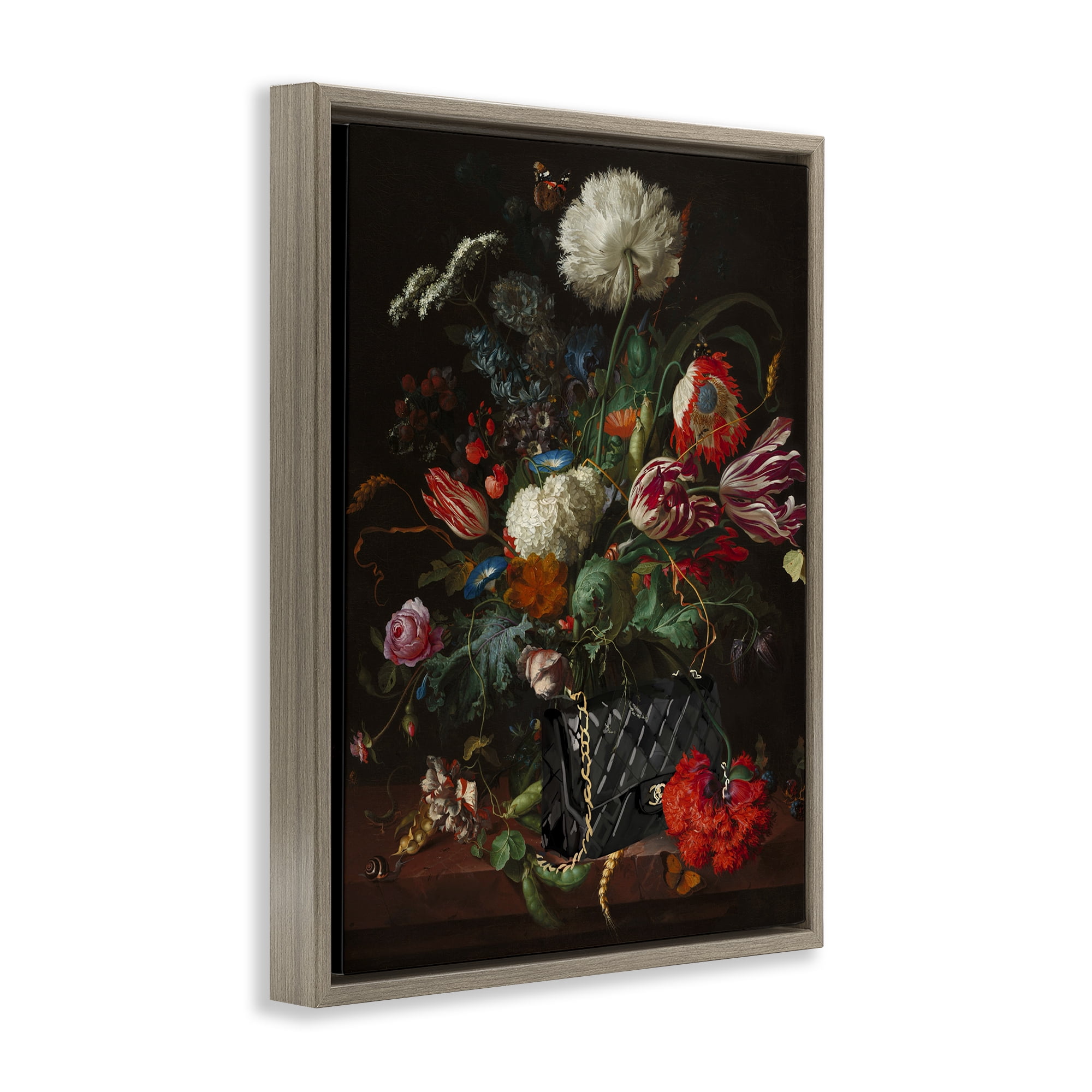 Stupell Industries Vintage Bouquet with Purse Botanical & Floral Painting Brown Floater Framed Art Print Wall Art, 17 x 21