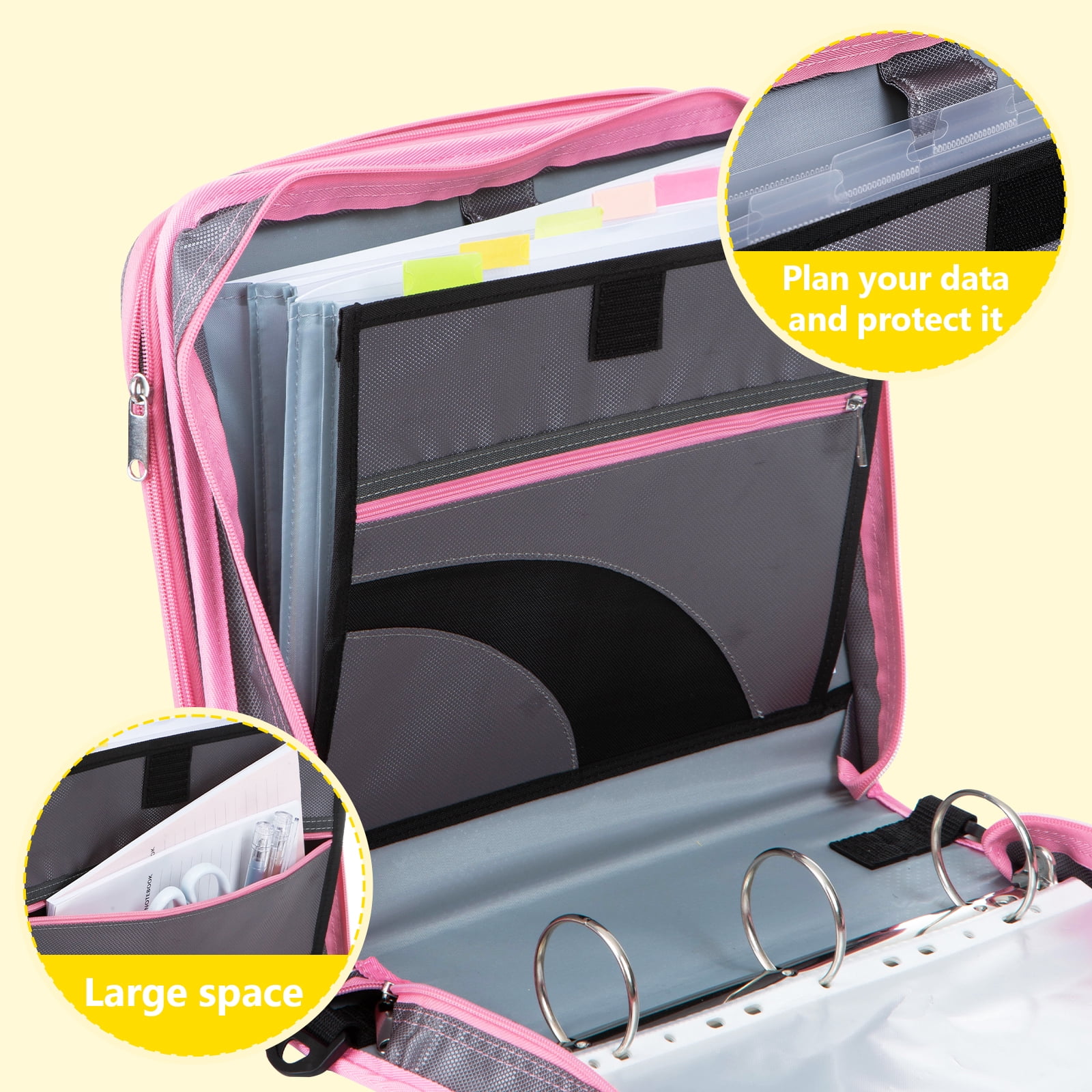ViVin Zipper Binder 2 Inch O-Ring 450 Sheet Capacity, Multiple Tab and Zip Pockets, Office Supplies,Blue&Pink
