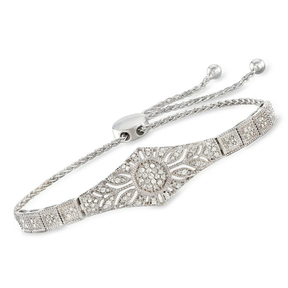 Ross-Simons 0.50 ct. t.w. Diamond Floral Openwork Bolo Bracelet in Sterling Silver, Women's, Adult