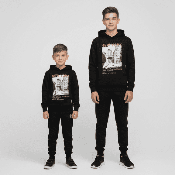 SAS Boys Black Hoodie Set | New York Downtown Streetwear Tracksuit | Kids Fleece 2-Piece Hoodie & Joggers Outfit