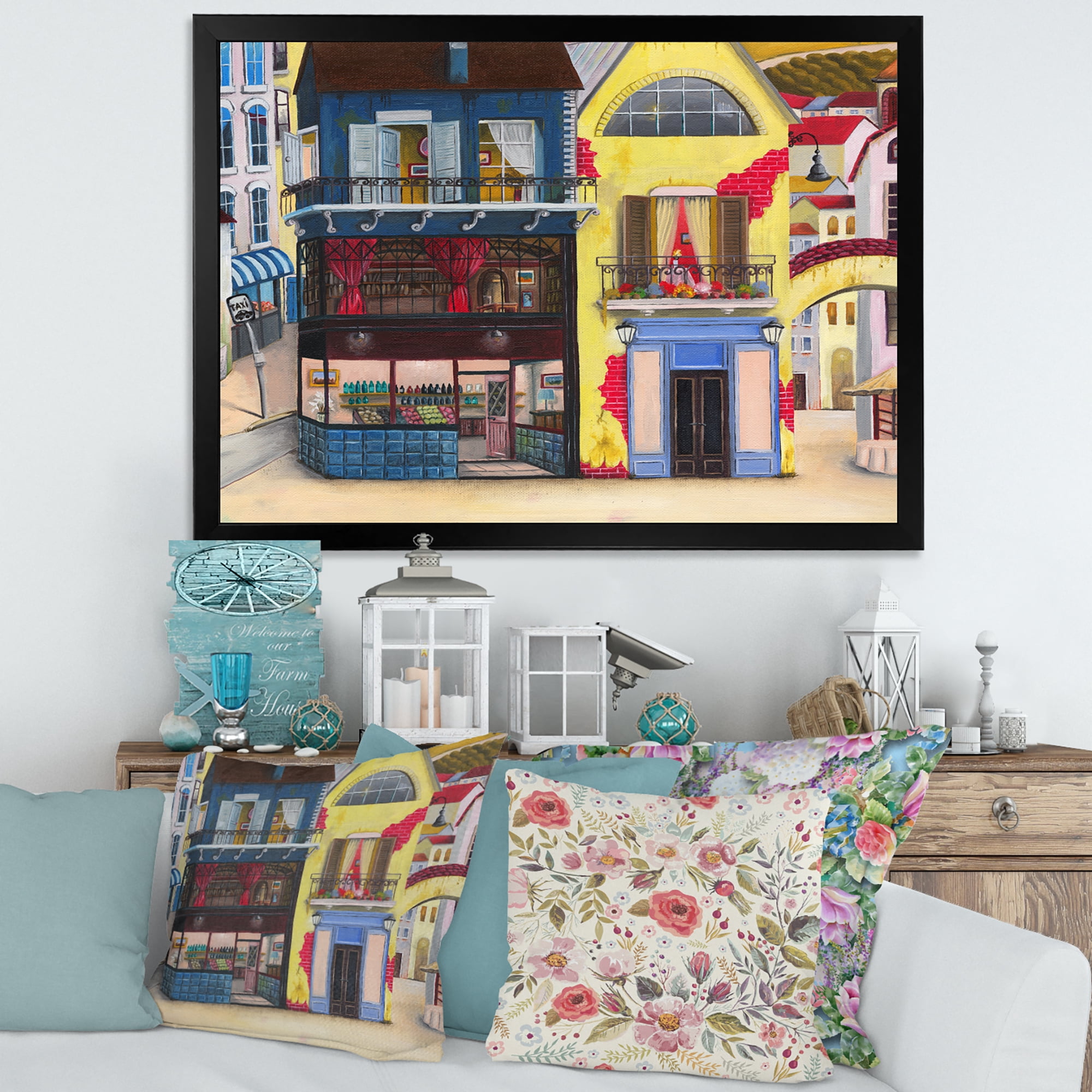 Designart 'The Colorful Facade of The Buildings In A Cozy Streets' French Country Framed Art Print