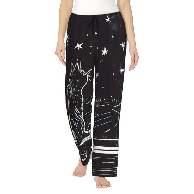Balery Star Gazing Cat Illustration Pantalones de pijama para mujer, pijamas ultraligeros, pantalones de estar por casa-Small