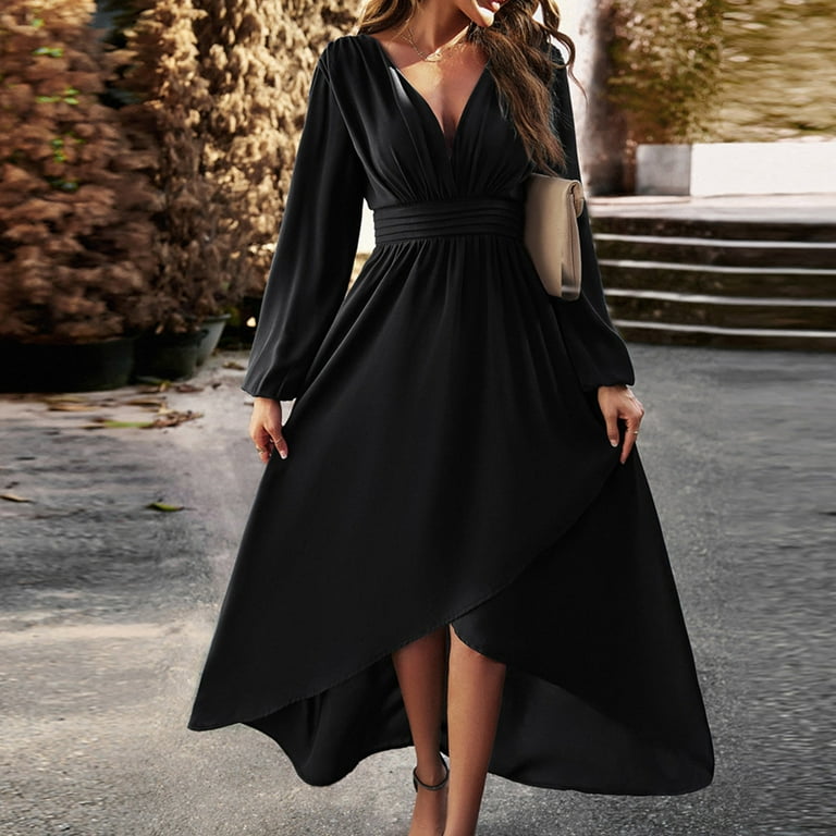 frariair Casual Women s 2023 Fall Dresses Long Sleeve Pure Colour Dress Bohemian Long Dress Maxi Dresses Beach V Neck Summer Dress for Women Walmart