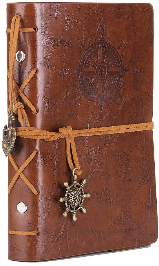 Leather Writing Journal Notebook Classic Embossed Black Retro Pendants Unlined Paper EvZ 5 Inches Vintage Nautical Spiral Blank String Diary Notepad Sketchbook Travel to Write in 
