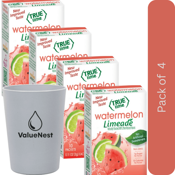True Lime Watermelon Limeade Drink Mix 10 Ct, 4 Pack with Glass by Value Nest