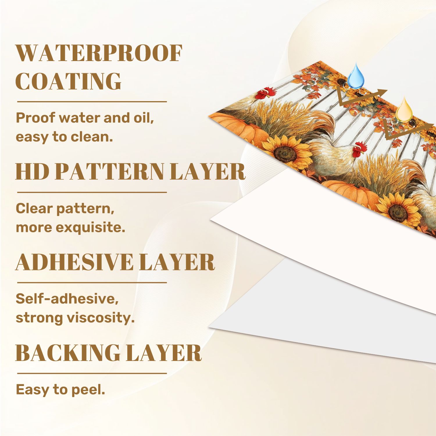 Farmhouse Peel and Stick Wallpaper 17.7in x 9.8ft Autumn Harvest Scene Sunflowers Pumpkins Roosters Fall Contact Paper Vinyl Waterproof Self Adhesive Wall Paper for Bedroom Cabinet Renter Friendly