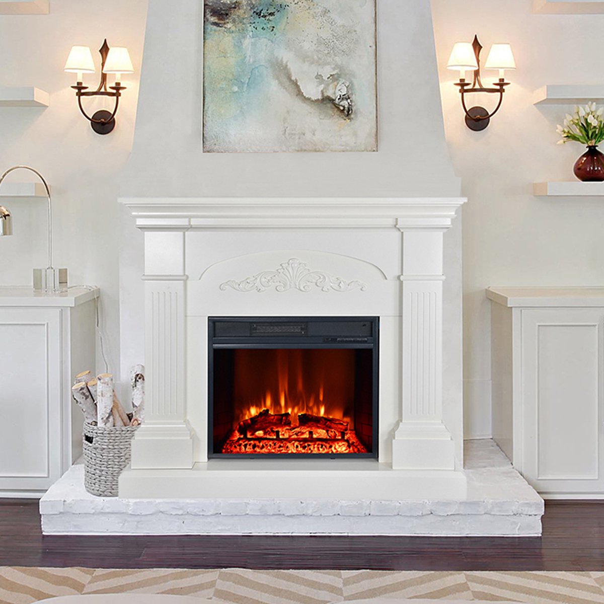Barton 44 Crawford Large Electric Fireplace - Insert Fireplace Heater  1500W Realistic Flame Log Hearth with Remote Control, White - Walmart.com