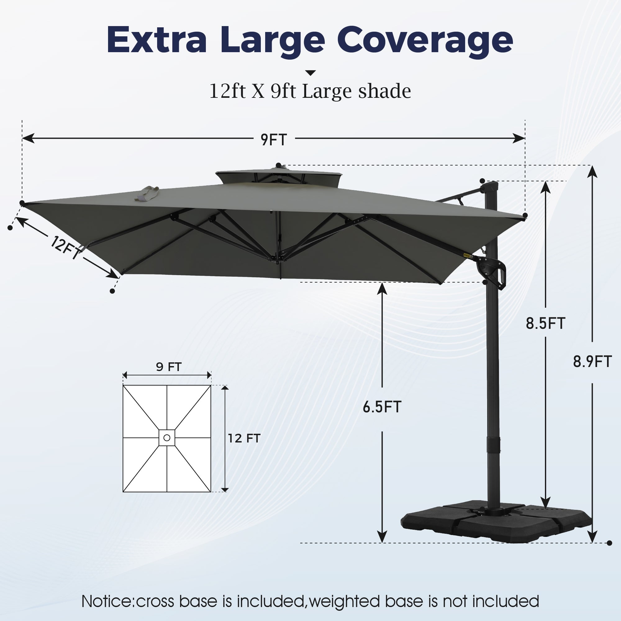 Alpha Joy 12x9ft Outdoor Patio Umbrella Large Rectangle Offset Cantilever Double Umbrella with 360°Rotation, Charcoal Gray