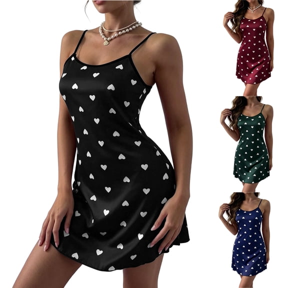 Asxite Plus Size Womens Pajamas Loose Spaghetti Strap Sleeveless Heart Print Short Sleep Dress