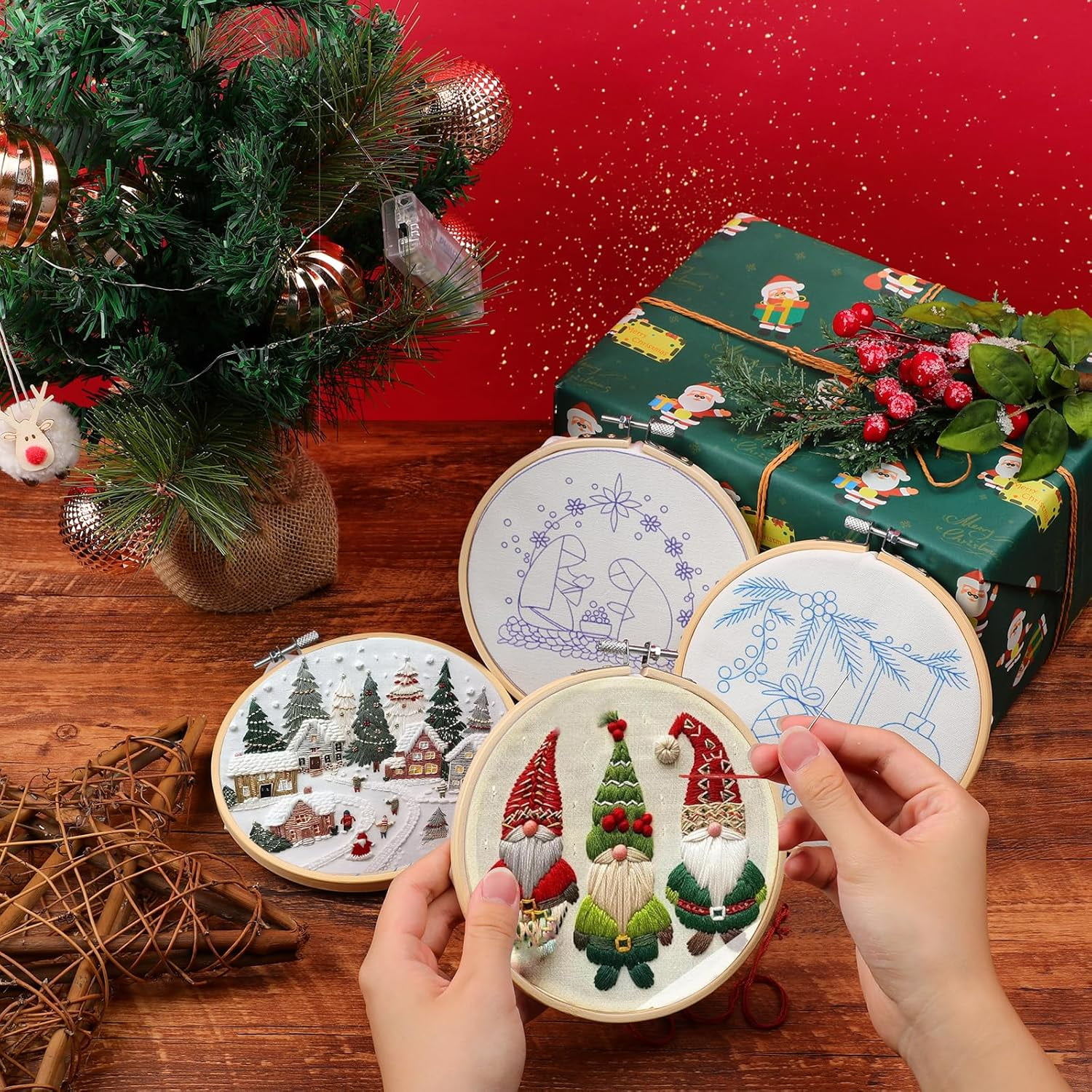 Dalrosia Christmas Embroidery KIT,Adults Kids DIY Handmade,Hand Embroidery Starter Kits with Stamped Embroidery Pattern,for Christmas Embroidery Kits for Adults Beginners Starter