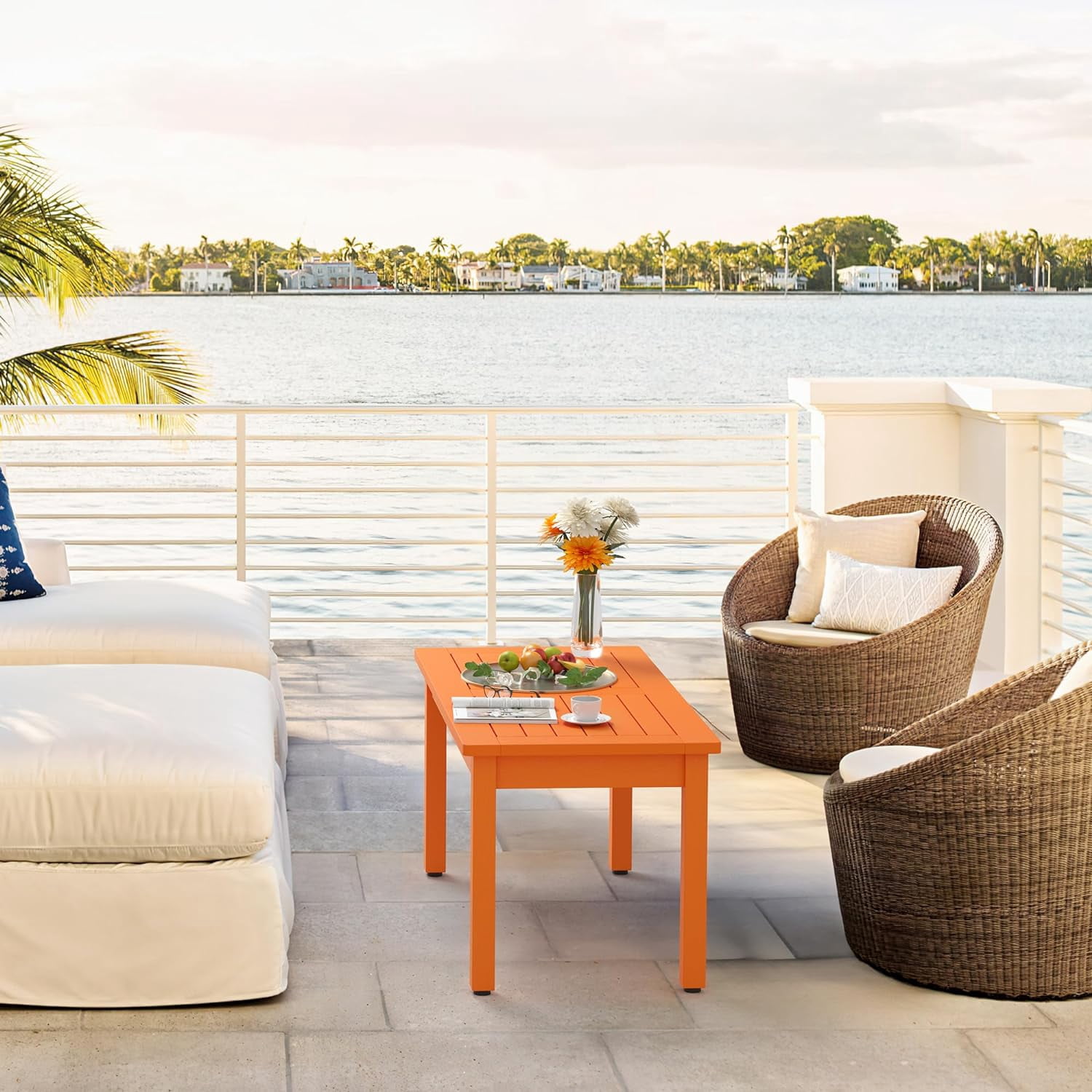 Dycanpo Outdoor Coffee Table Rectangle, HDPS Patio Tables for Outside, 17.7"x 35"x17.7", Orange