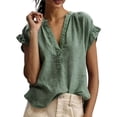 thumbnail image 4 of LEKODE Cotton Boho Tops for Women Oversized T-shirts Peasant Blouses Cute Shirts Lace Top Button Down Shirts Solid Summer Tops Womens Boho Summer Tops Blackish Green L, 4 of 7