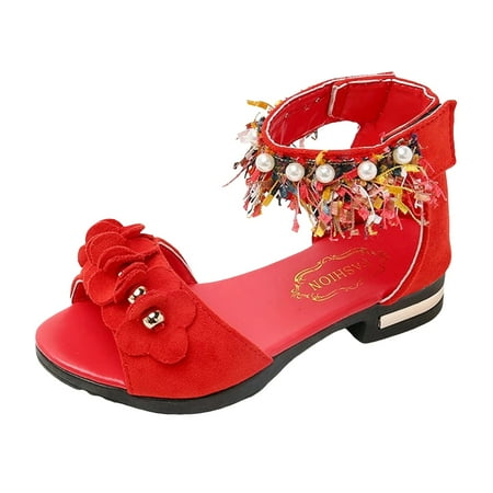 Gvdentm Toddler Girls Dress Shoes Open Front Bow Sequins Sandals for Girls Kids Princess Wedding Formal Ankle High Heel Shoes Girls  Flats (1 Red)