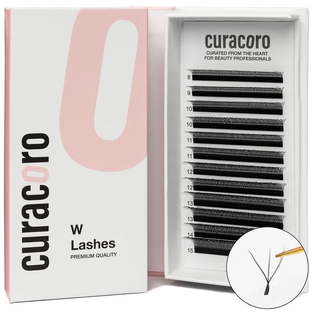 Extensiones de pestañas Curacoro W - Pestañas 3D hechas a mano con volumen C Cc D Grosor del rizo 0,05 ~ 0,07 mm 9-15 mm de longitud Bandeja mixta Aspecto de volumen completo y esponjoso Aplicación fá
