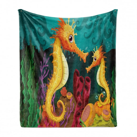 Underwater Soft Flannel Fleece Throw Blanket, 2 Seahorses Under the Sea near the Seaweeds Image Underwater Habitat Theme, Cozy Plush for Indoor and Outdoor Use, 50" x 60", Multicolor, by Ambesonne