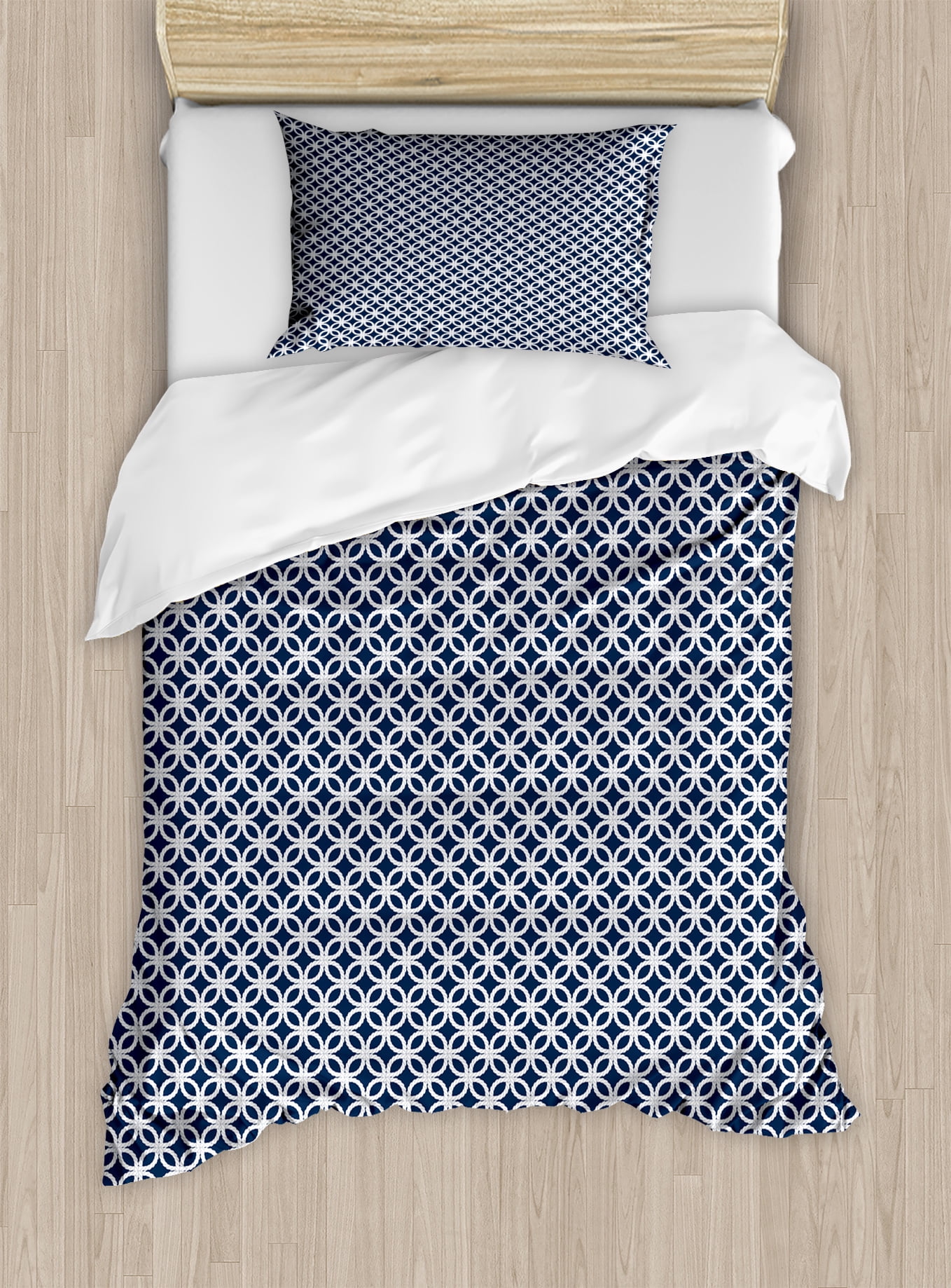 Navy Blue Duvet Cover Set Marine Rope In Geometric Pattern Design