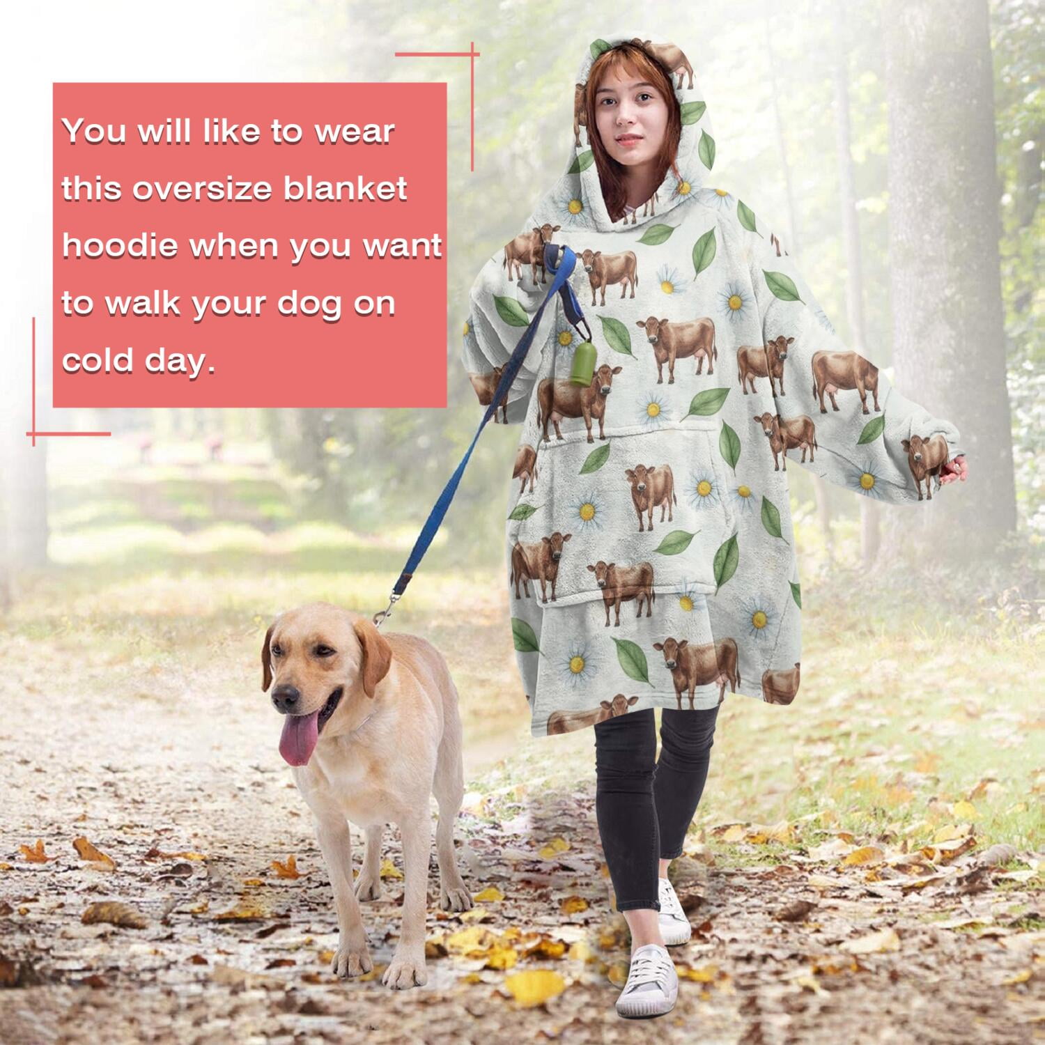 Green Cow Daisy Leaf Pattern Wearable Oversized Blanket,Wearable Blanket Hoodie for Adults,Cozy Hooded Blankets with Super Pockets,Super Warm Fuzzy Pullover for Women & Men