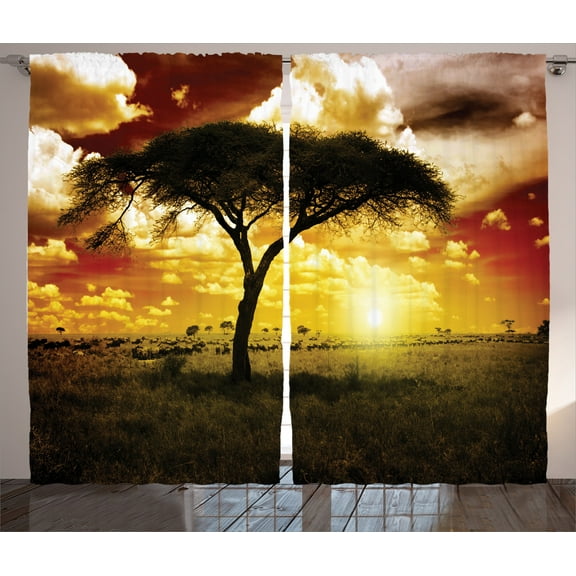 Ambesonne African Curtains 2 Panel Set, Sunset in Savannah Animal, 108" x 84", White Green Red
